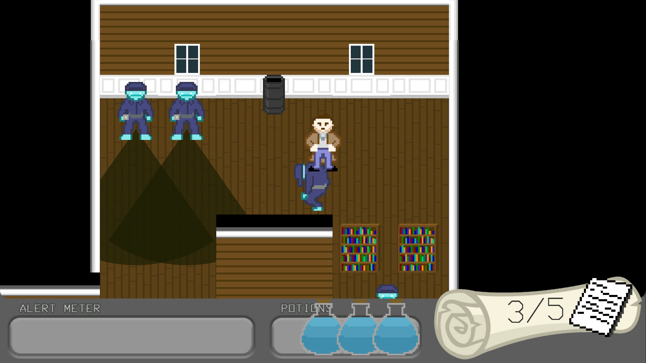 Shade Walk gameplay in which the player has snuck past two guards and knocked out another.