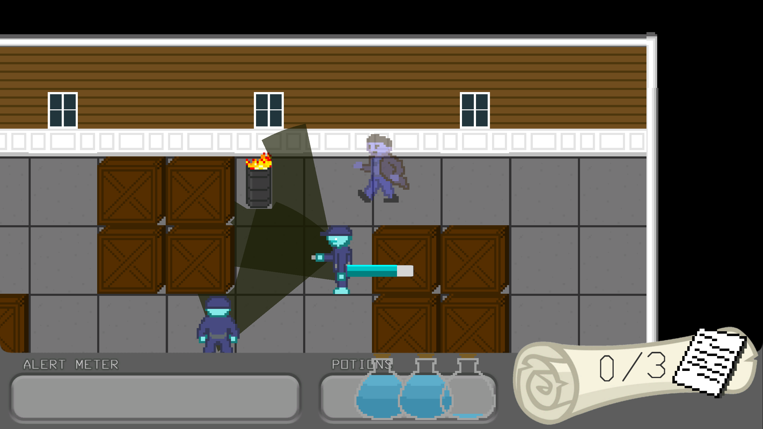 Shade Walk gameplay in which the player has distracted two guards with a fire spell and has taken an invisibility potion to sneak past.