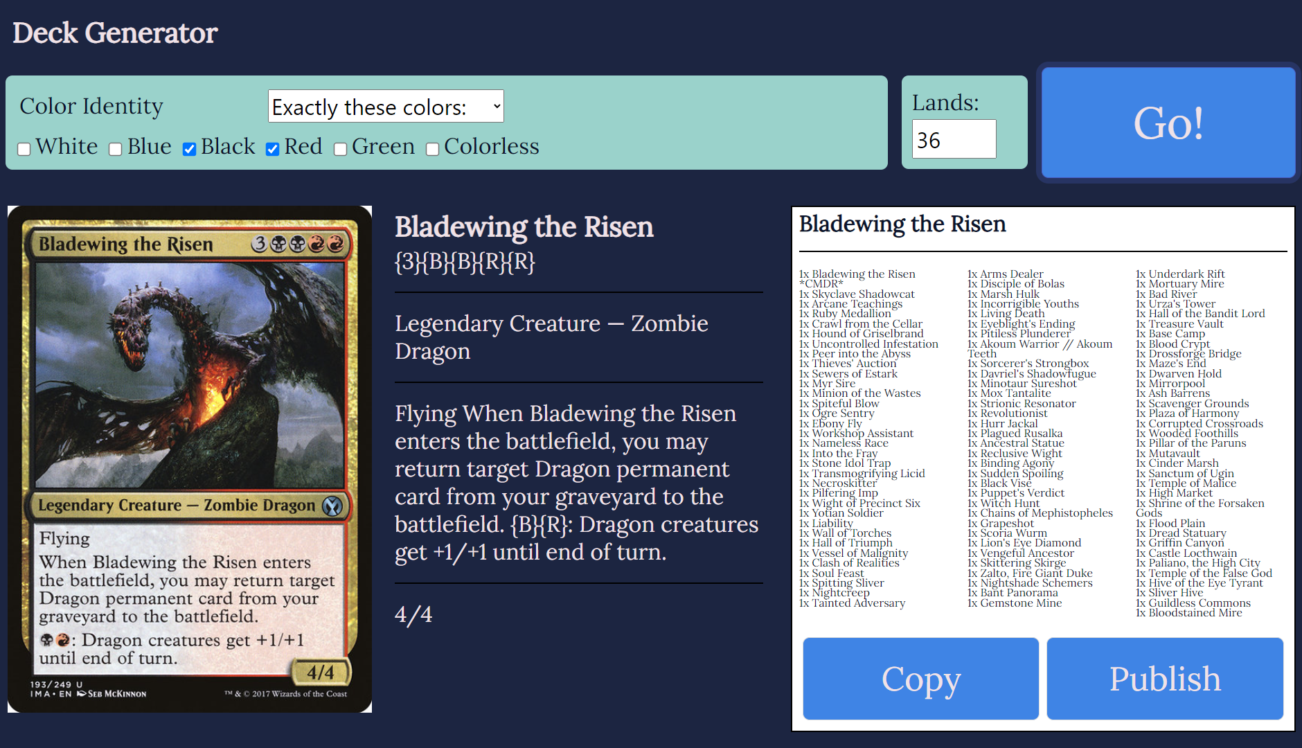 An example of a red-black Commander deck generated by rEDH.