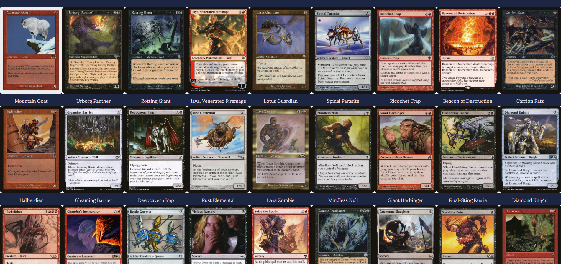 The visual representation of a deck generated in rEDH, in the form of a grid of cards.