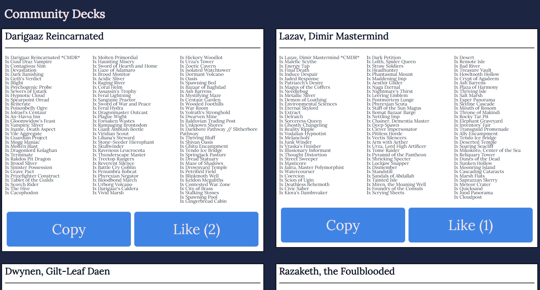 The 'Community Decks' tab of rEDH, where users may see others' published decks.