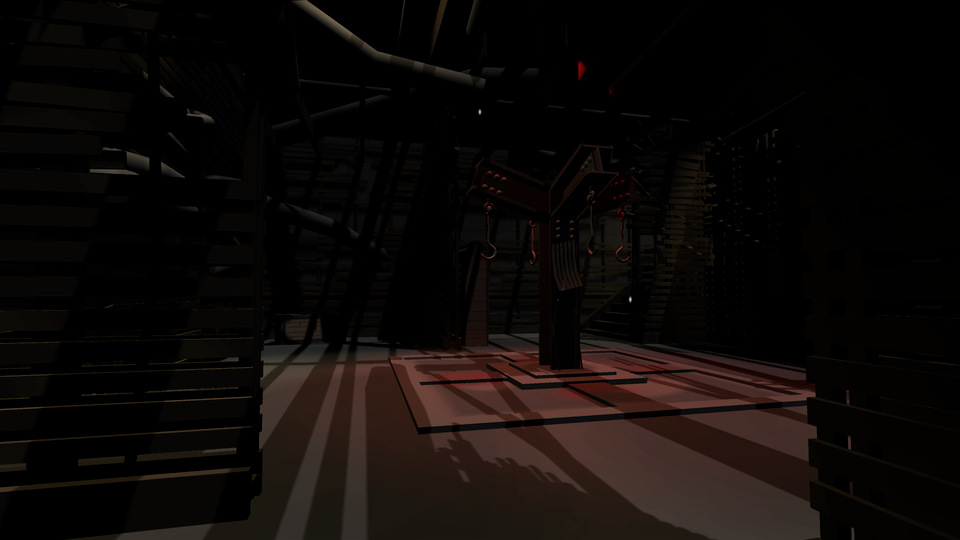 A view of the basement hooks from the rear of the basement - the entrance stairs and a lone chest are visible in the background.