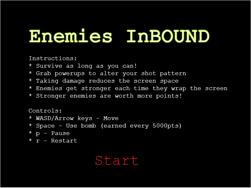 Enemies InBOUND title screen with basic instructions and controls.