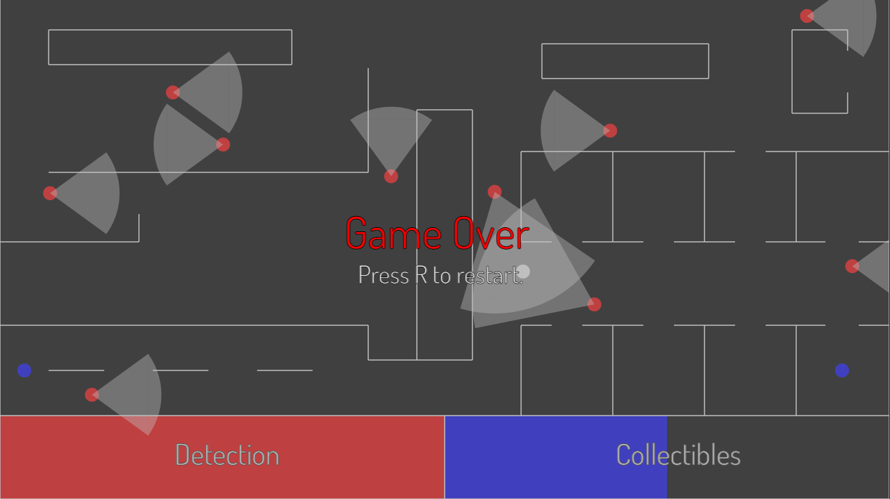Stealth Sandbox game over screen - the player has been caught by two enemies.