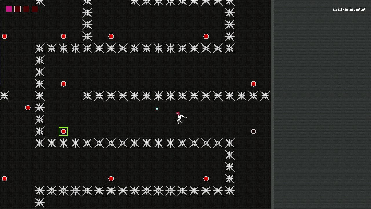 Grapple Gaiden gameplay in which a ninja is grappling through a 2D spike maze.